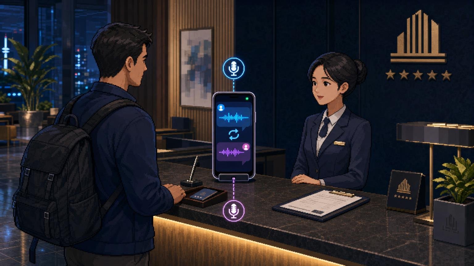 Papago conversation translation used between a traveler and Korean hotel staff