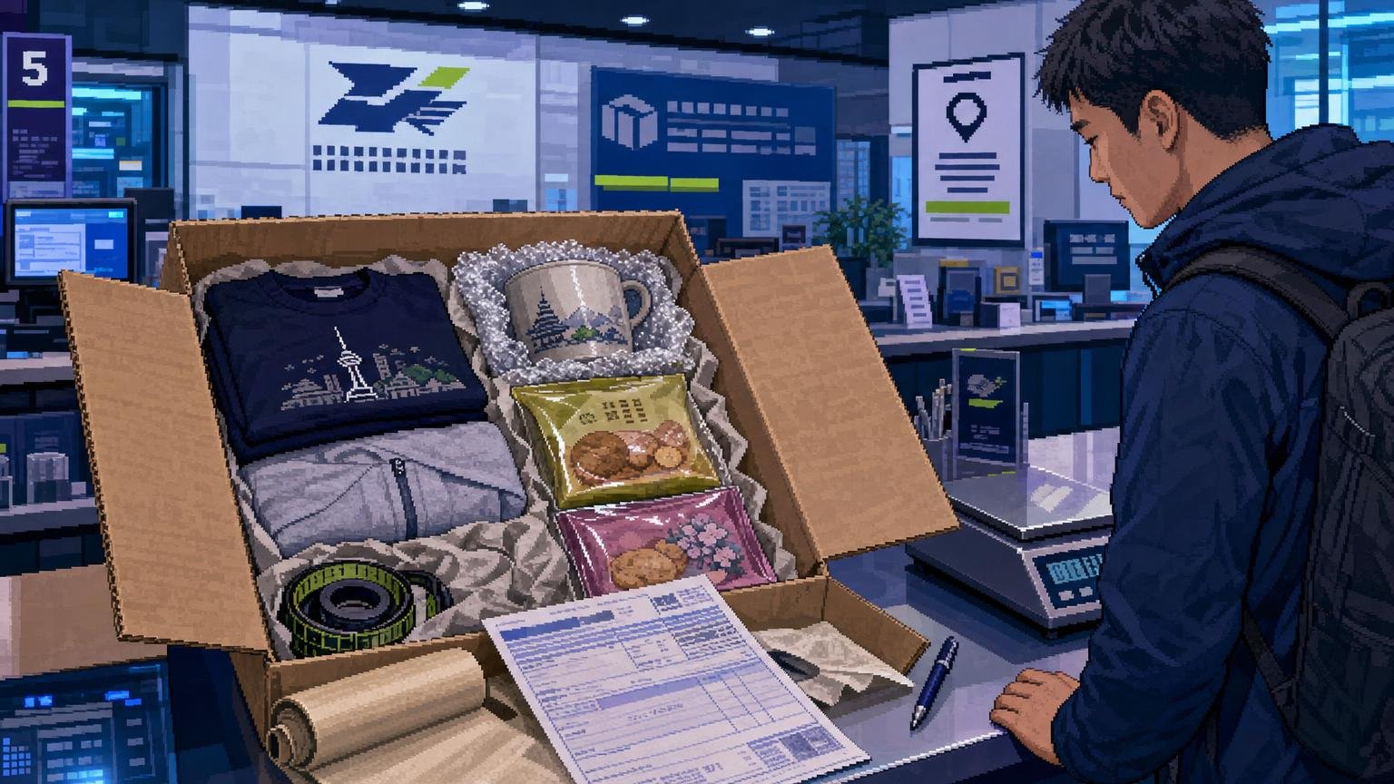 Souvenirs being cushioned and prepared in a parcel at a Korean post office