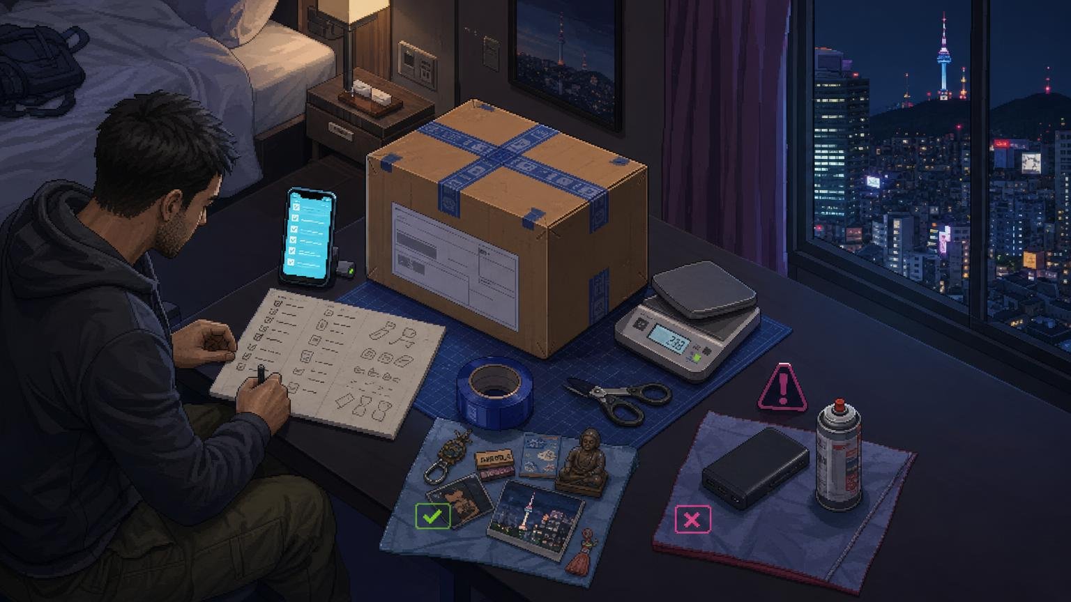 Traveler checking parcel contents, weight, and restricted items before international shipping