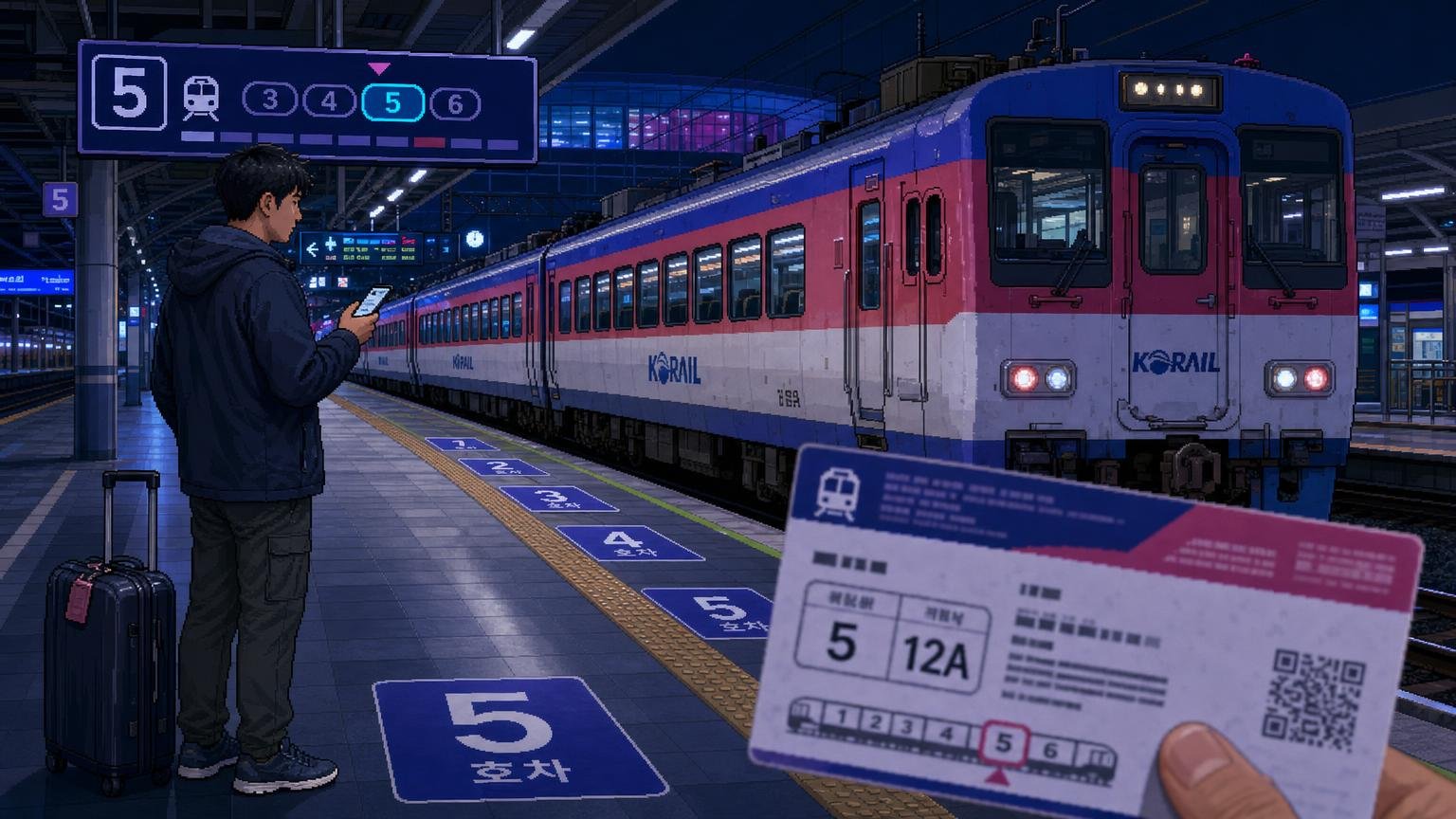 Traveler checking a regional train carriage and seat before boarding in Korea