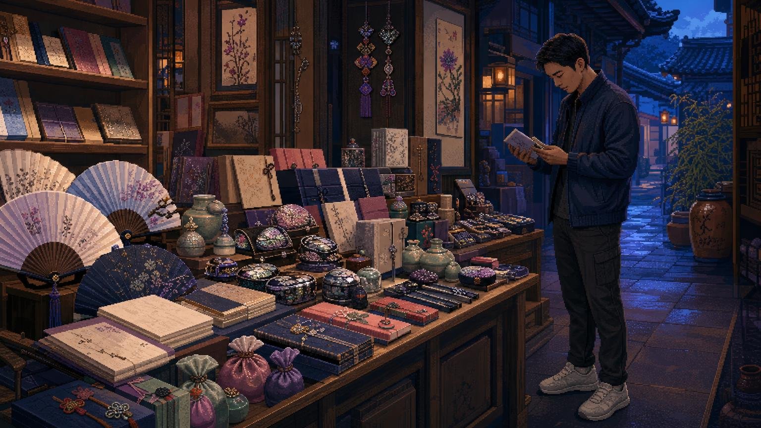 Traditional Korean souvenirs arranged for comparison inside an Insa-dong craft shop