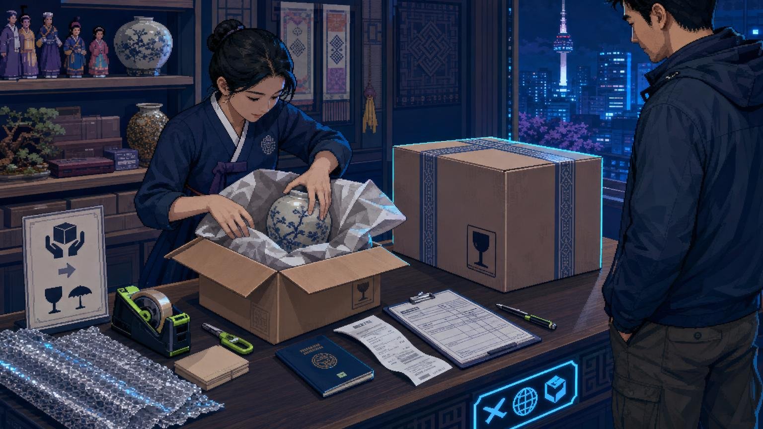 Fragile Korean ceramic souvenir being packed with shipping and tax documents