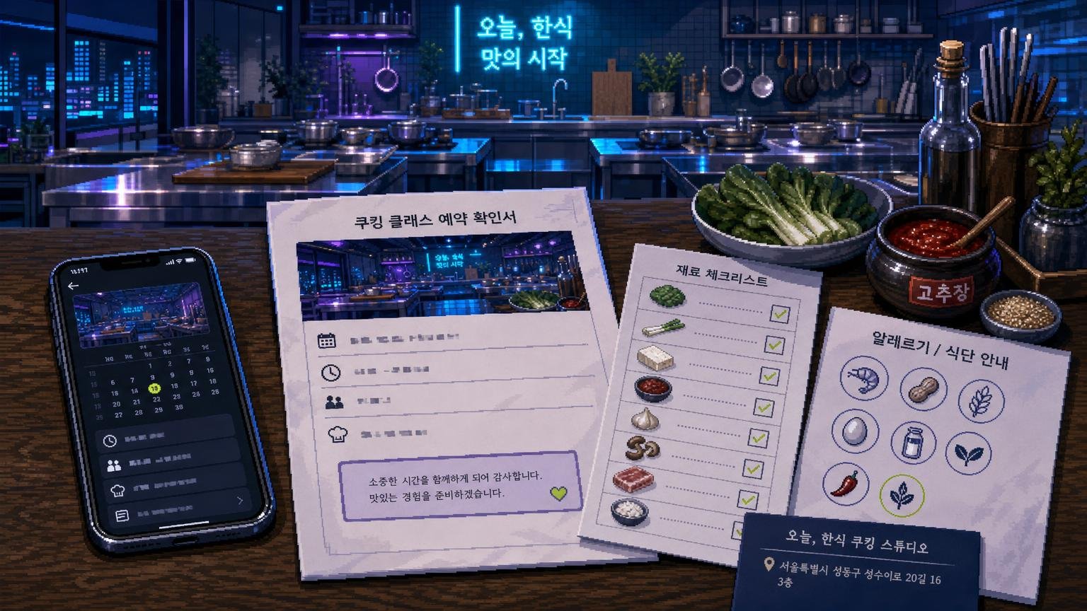 Cooking-class booking confirmation and dietary checklist beside Korean ingredients
