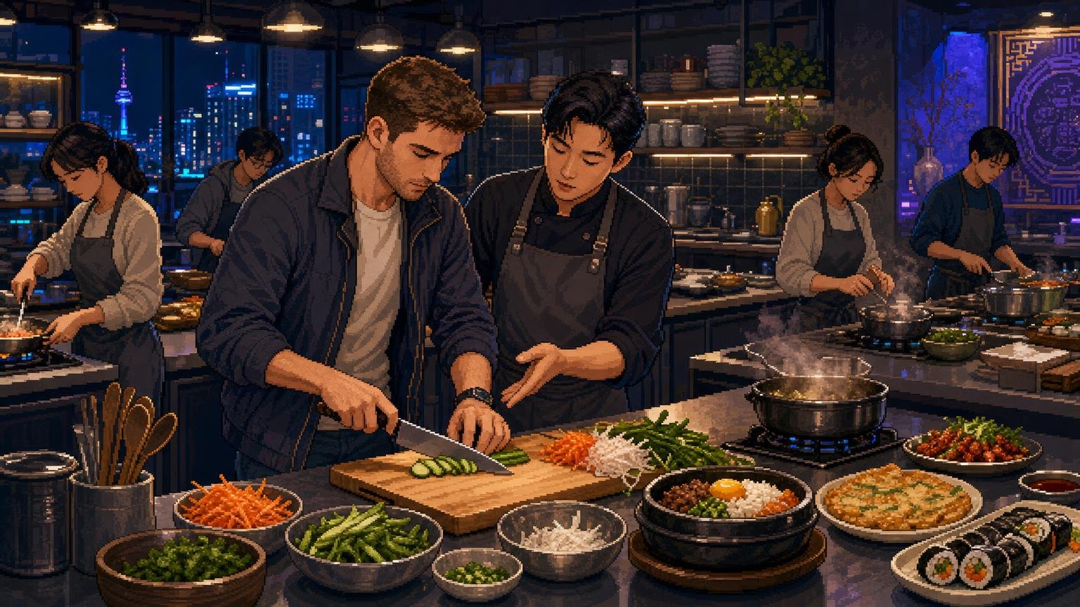 Adult foreign traveler practicing knife skills during a Korean cooking class