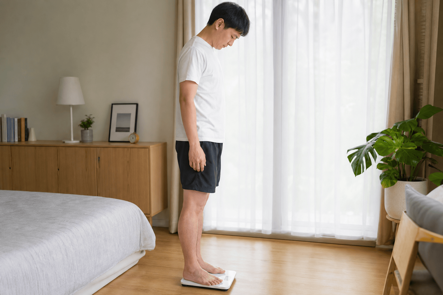 BMI 확인을 위해 체중을 측정하는 모습