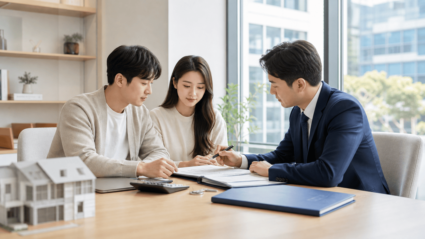 매수인 부부와 부동산 담당자가 주택 매매 계약서를 확인하는 모습