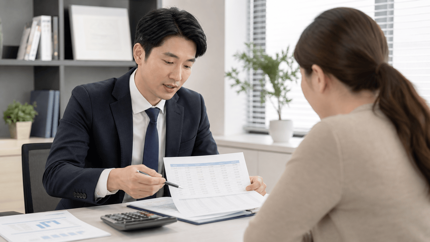 상담사가 대출 상환 일정표를 설명하는 모습