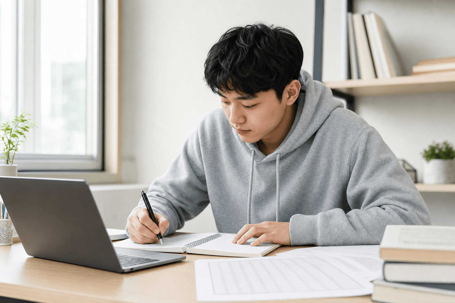 학점 계산을 위해 공부하는 대학생 모습