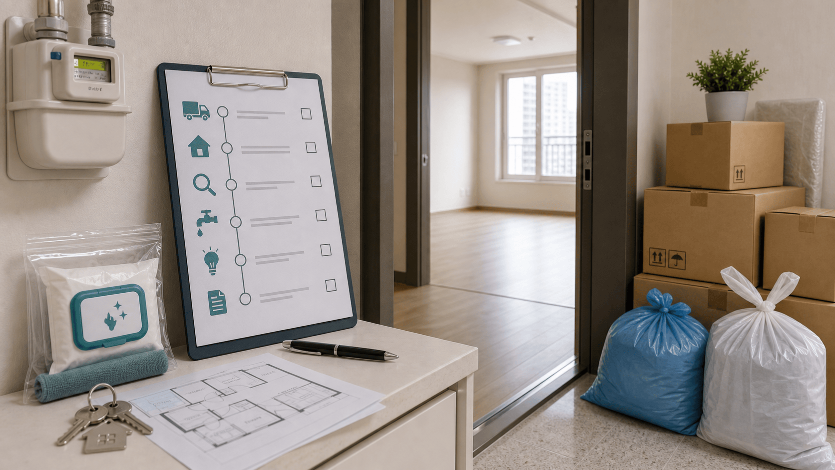 이사 당일 준비물을 박스와 서류, 충전기, 열쇠와 함께 정리한 이미지