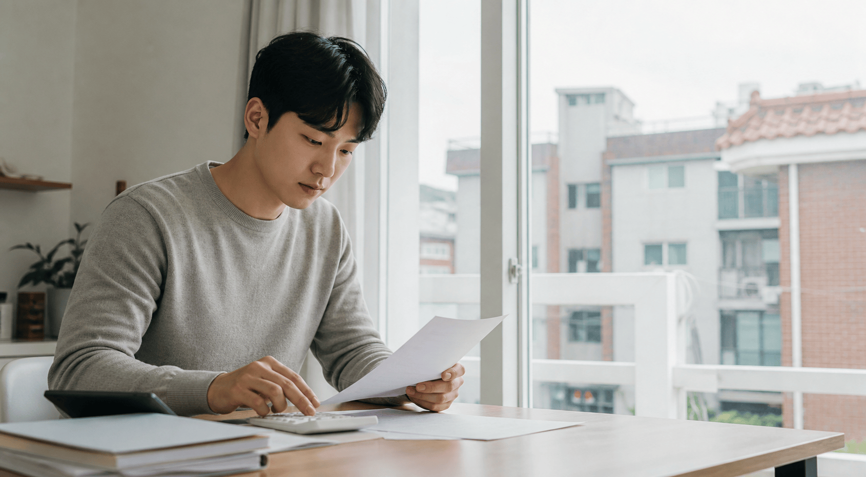 청년이 주택 구입 서류와 계산기를 확인하는 모습