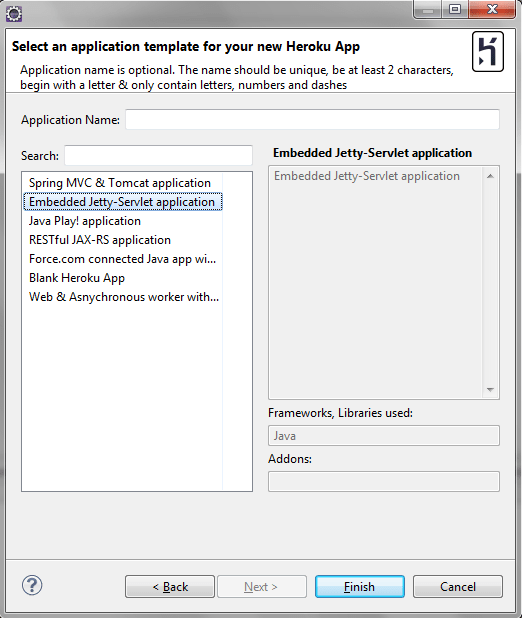 Select Application template from new Heroku Project