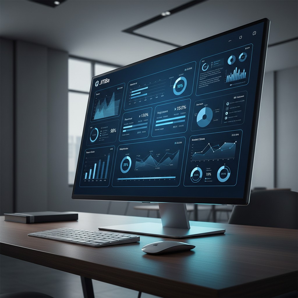 Workspace featuring a large, modern computer monitor displaying a data visualizer against a blurred, neutral background of...