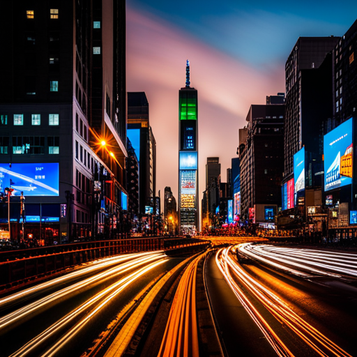 Nighttime cityscape of New York with light trails streaking across busy streets,aesthetic, complex, colorful, street level view, 4k