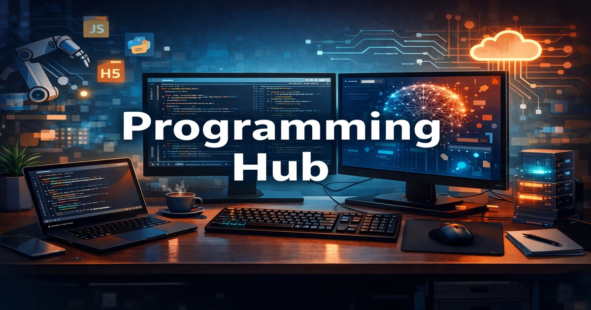 Modern developer workspace representing Programming Hub and coding tutorials
