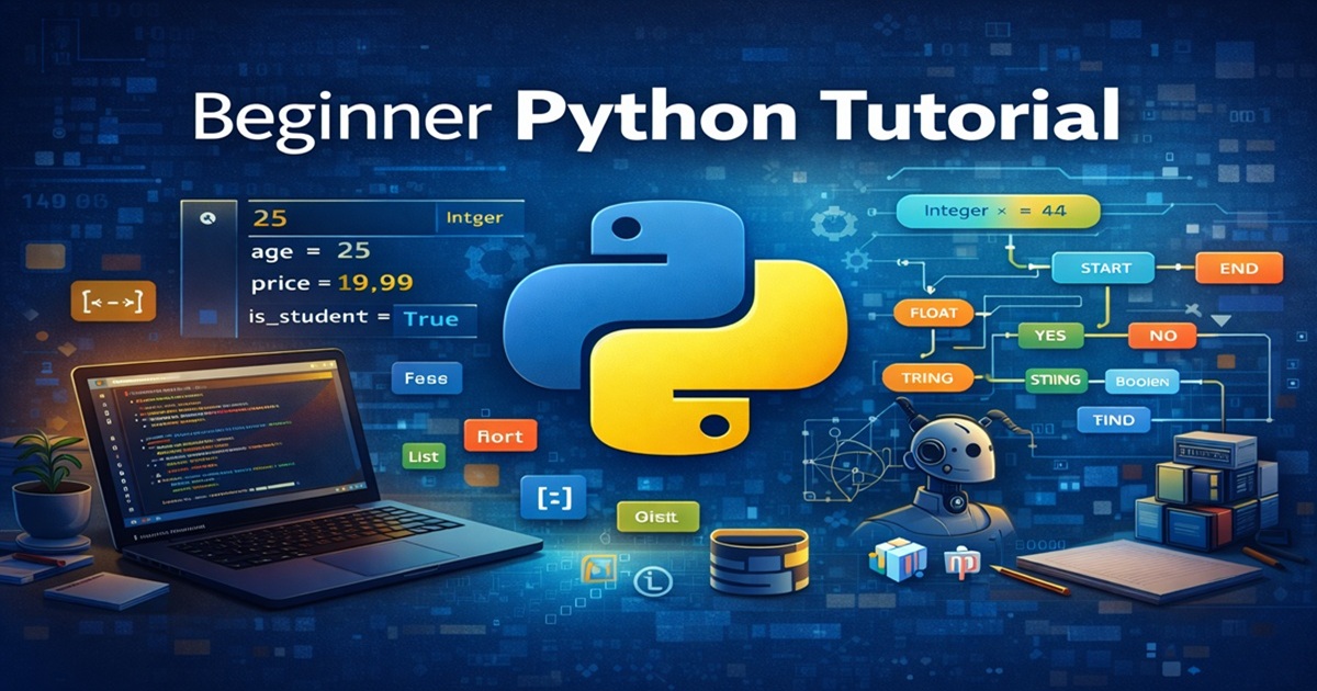 Beginner Python tutorial illustration with Python logo, code examples and programming concepts