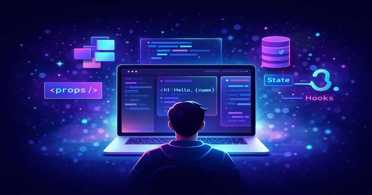 Beginner learning React with components, props and state illustration