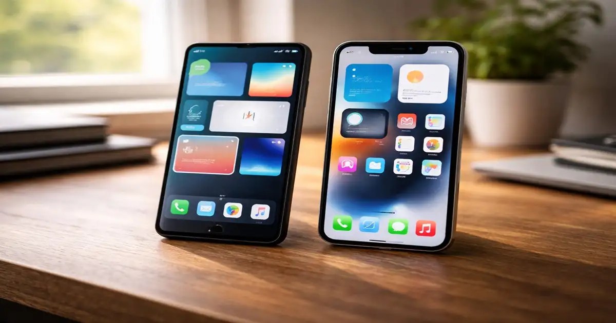 Two smartphones side by side comparing Android and iPhone