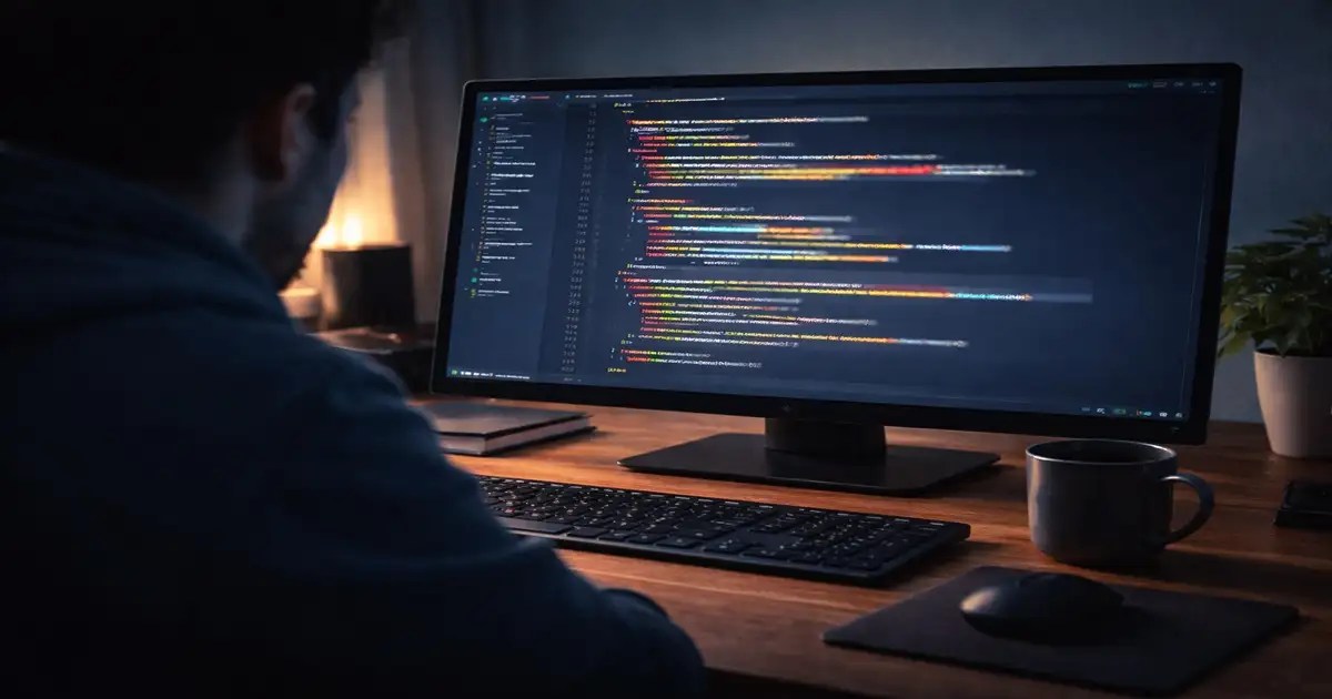 Developer analyzing an error on a large monitor during a late-night debugging session