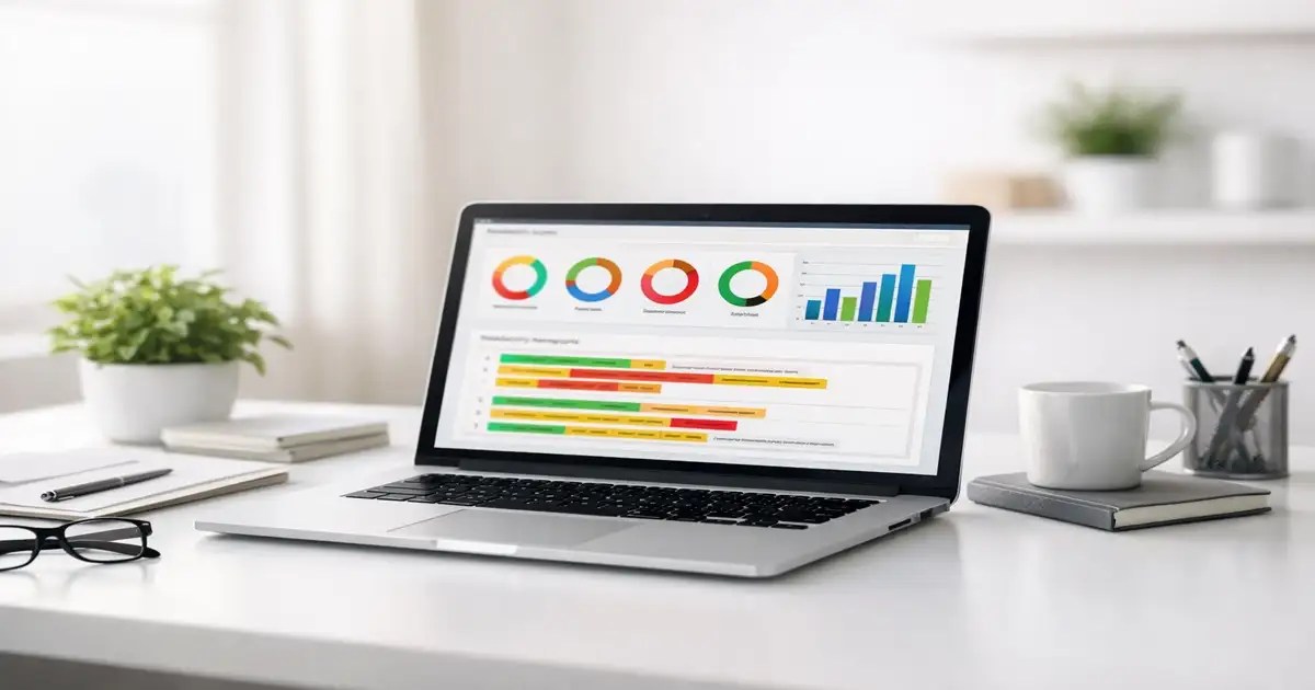 Laptop displaying readability analysis dashboard in a modern workspace