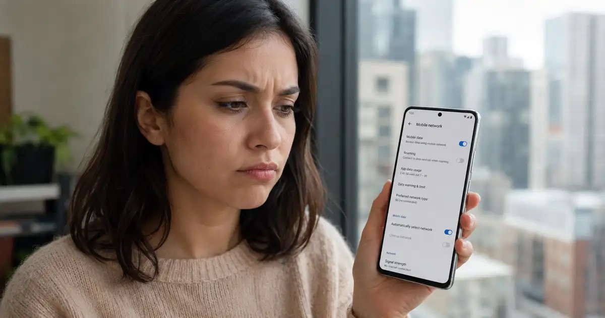 Woman checking mobile data settings on an Android phone with no internet connection
