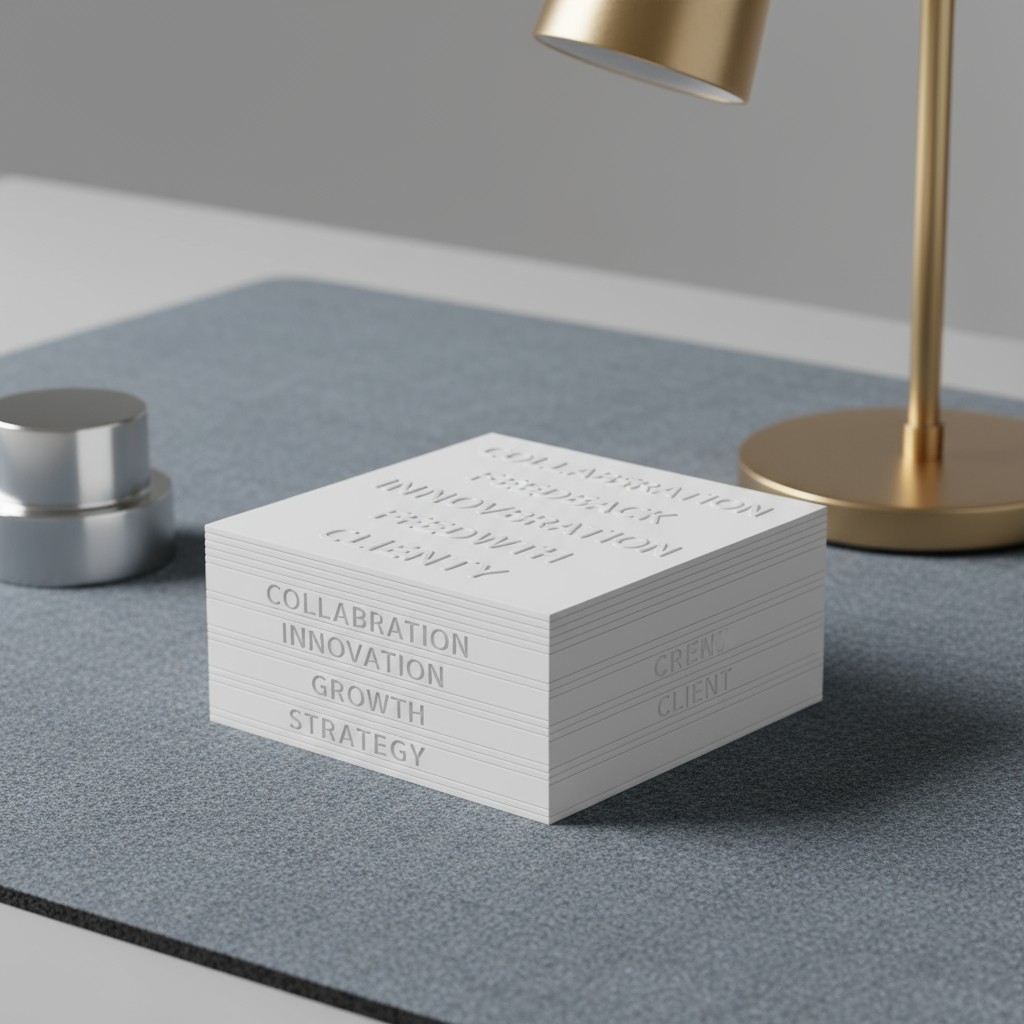 A cube with stacked lines displaying the words: "COLLABORATION," "INNOVATION," "GROWTH," and "STRATEGY" among others.