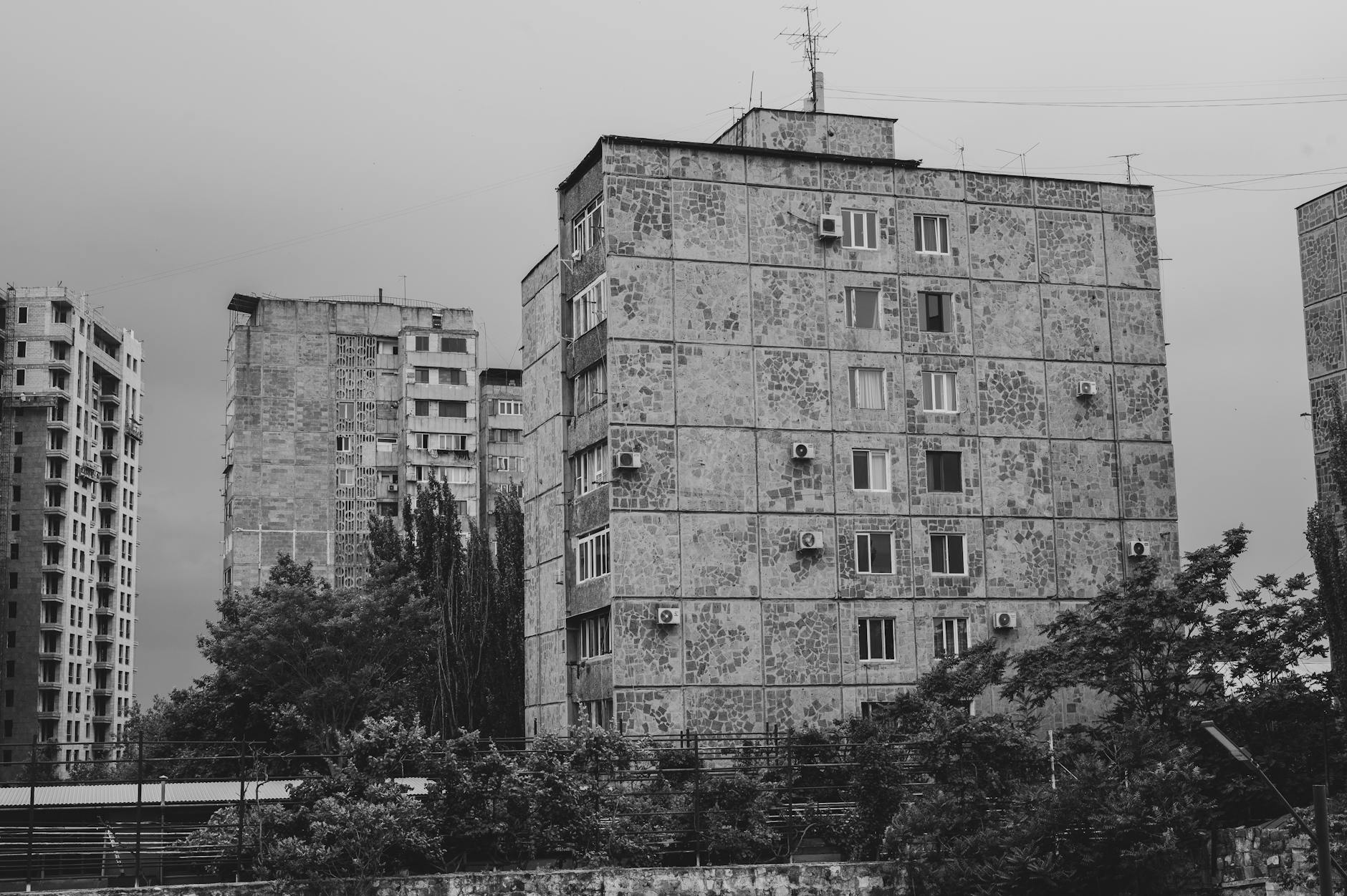block of flats in black and white