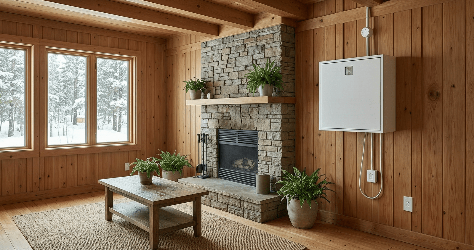 Interior view of a cozy, wood-paneled living room featuring a rustic stone fireplace and large windows overlooking a snowy landscape. On the right wall, a professional JMK Construction installation of a white electrical panel and surface-mounted conduit highlights modern, damp-proofed wiring solutions for moisture-prone environments.