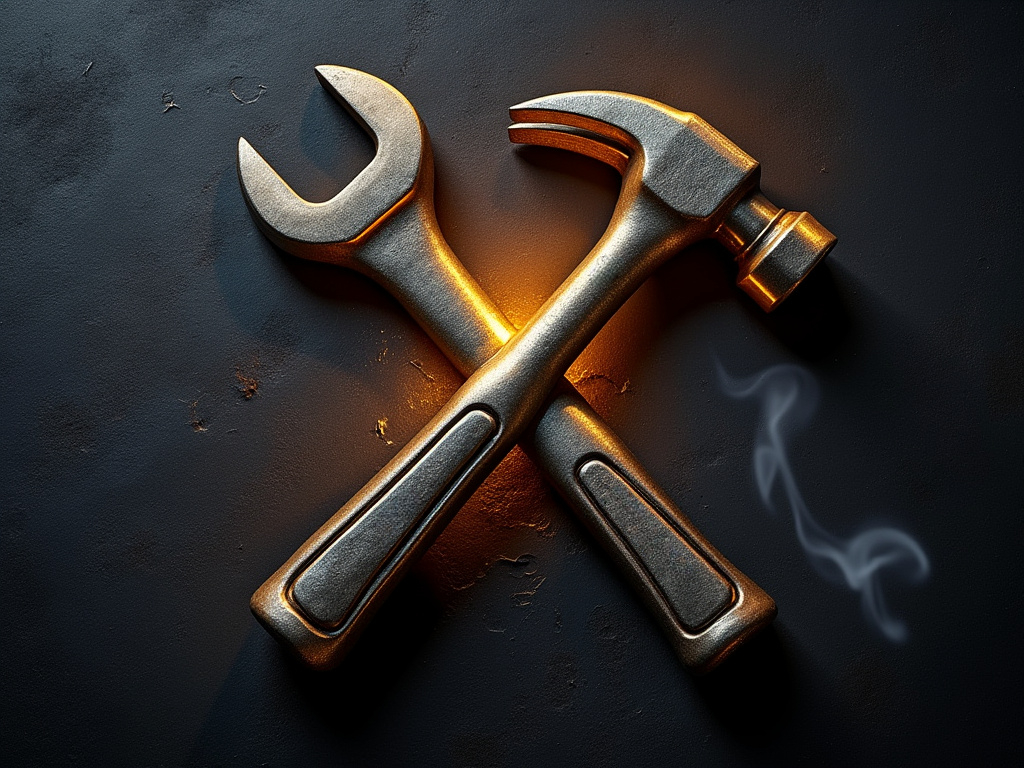 A hammer with a wrench forming an X on a dark and golden and slightly rusty surface. In the background there is light in the center of the image where the two tools are crossing each other, and thin smoke is visible down to the left