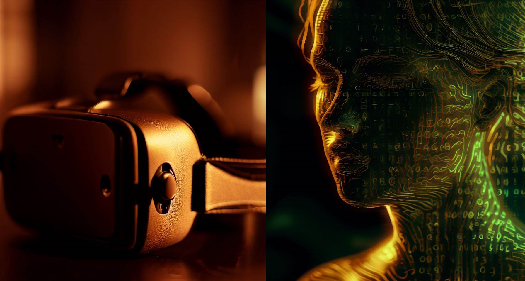 A split screen showing a VR headset to the left and and computer generated female human being on the right side. The illustration is meant to invoke the sensation that we too might be living in a simulation.