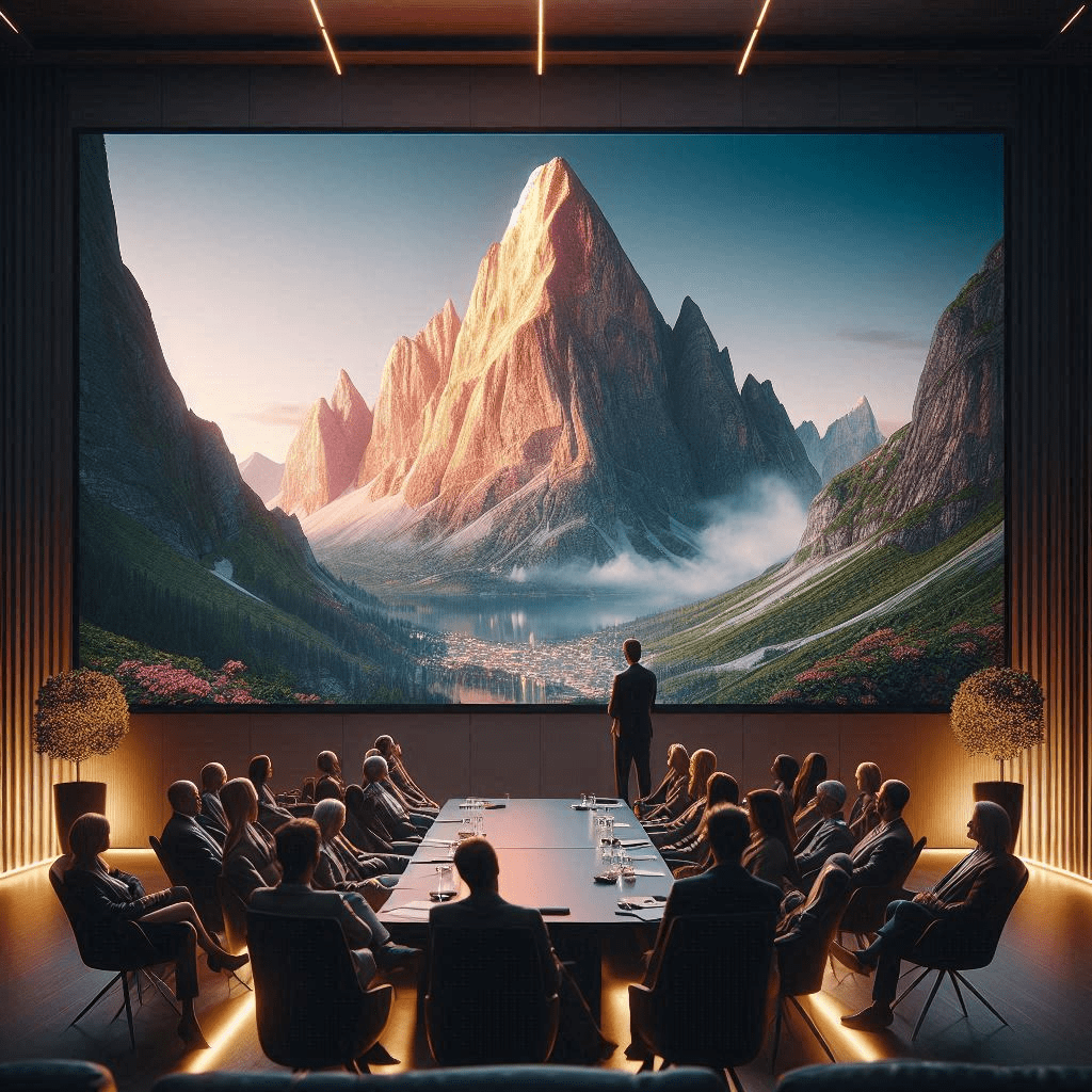 A large group of people in a meeting room, 1 standing the rest seated, while watching o large screen on the wall displaying a massive mountain peak.