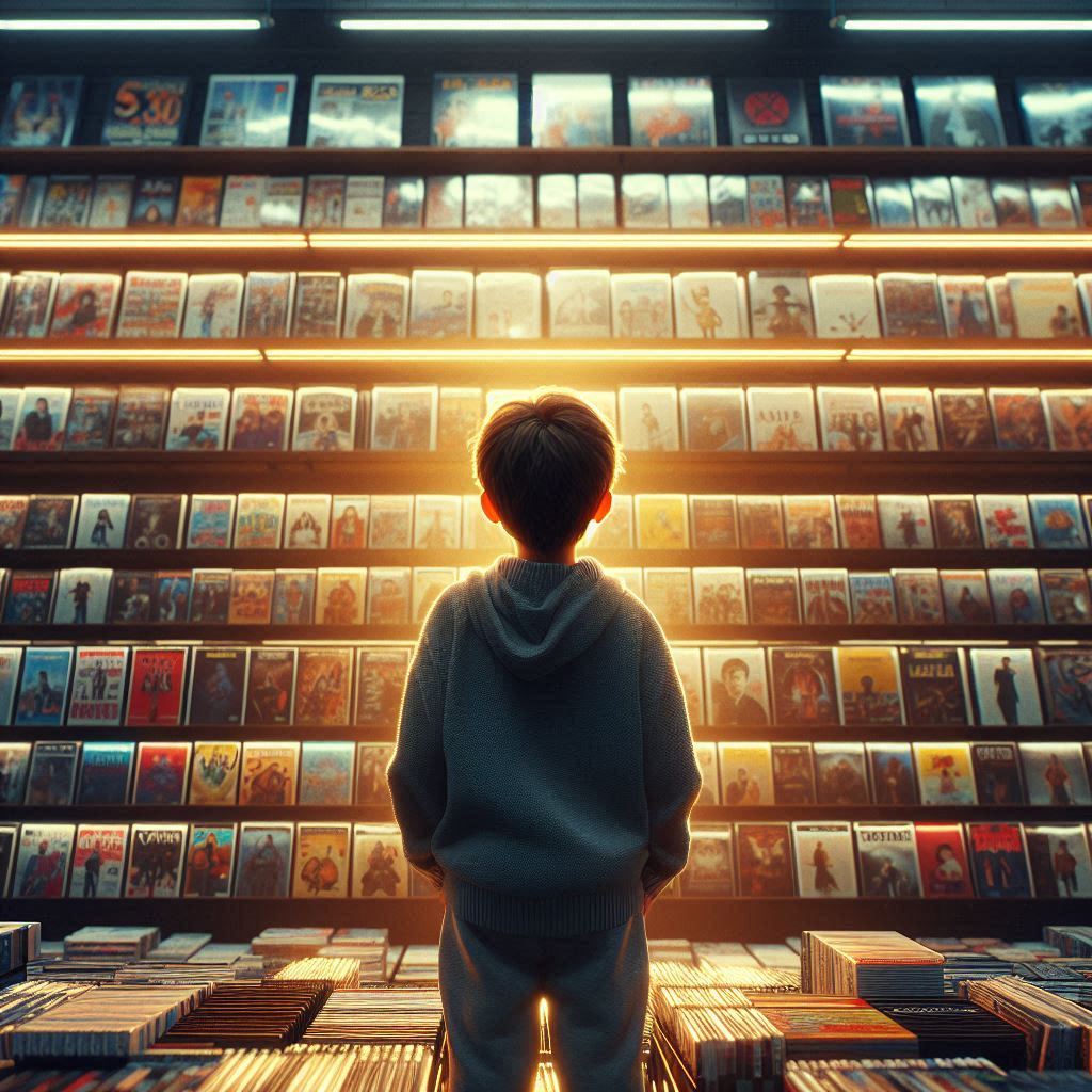 A small boy of about 6 years old standing with his back towards the camera looking at a massive shelf of movies in a video store.