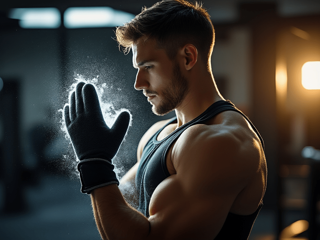 A young strong male athlete in his 20s, in a tank top, in the gym cooling his bare hands in cold mittens with cold partly see-through air surrounding his mittens to increase his performance.