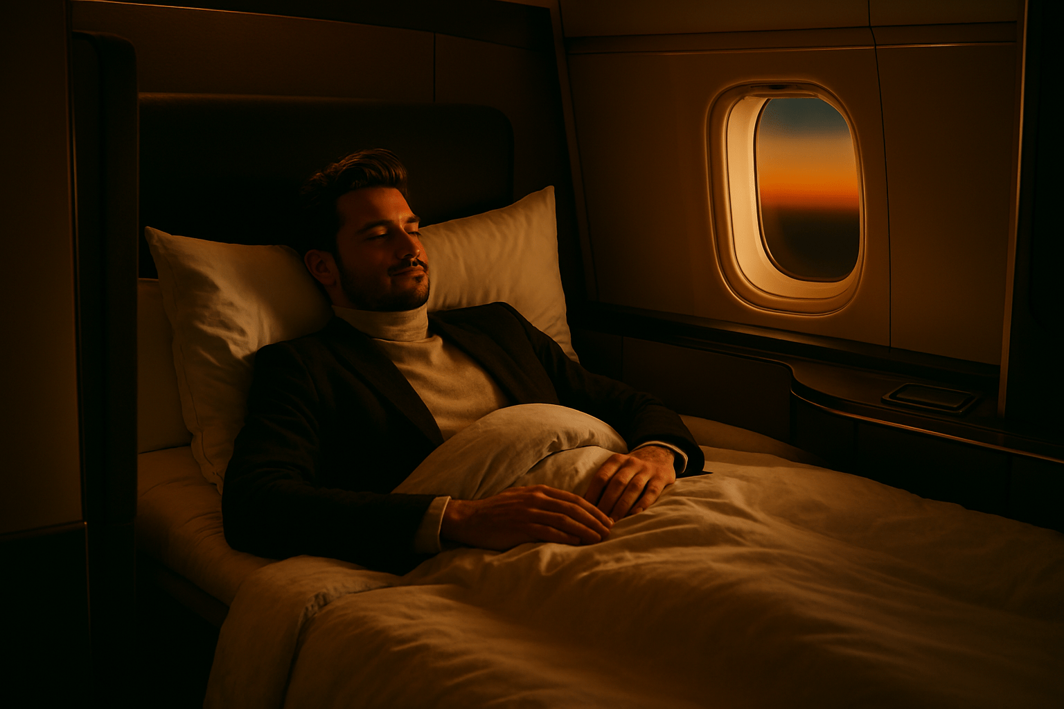 30-year old man travelling in the finest modern luxury in a large first class separate cabin laying in a wide bed in a plane
