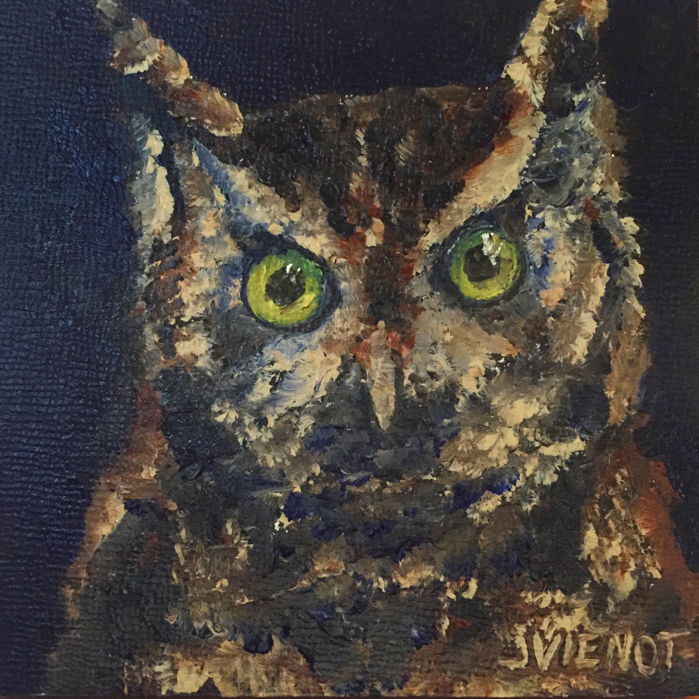 Oil painting miniature of the head of a screech owl