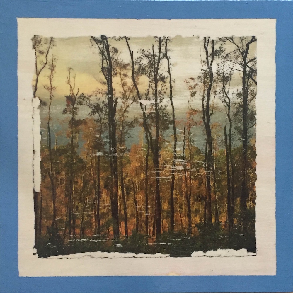 Photo transfer, antiqued, trees silhouetted against orange back-story