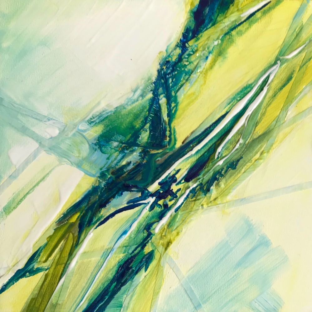 Acrylic / mixed media painting, non-objective, diagonal bands of the colors of the Emerald Coast of florida