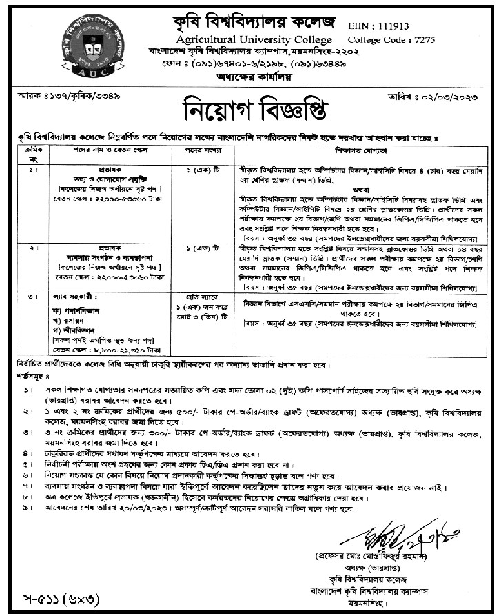Agricultural University College Job Circular 2023