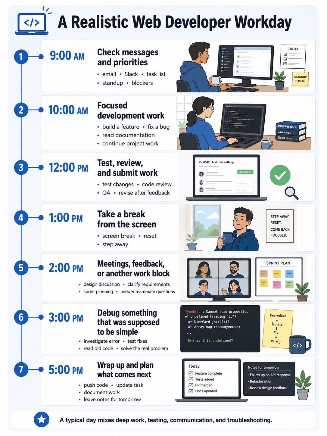 Infographic timeline showing a realistic web developer workday from 9:00 AM to 5:00 PM, including checking messages and priorities, focused development work, testing and code review, a screen break, meetings or feedback, debugging, and wrapping up with planning for the next day.