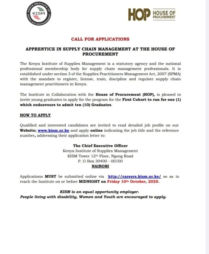 APPRENTICE IN SUPPLY CHAIN MANAGEMENT – NAIROBI | KENYA INSTITUTE OF SUPPLIES MANAGEMENT (KISM) HOUSE OF PROCUREMENT (HOP) | KES 15K-25K MONTHLY