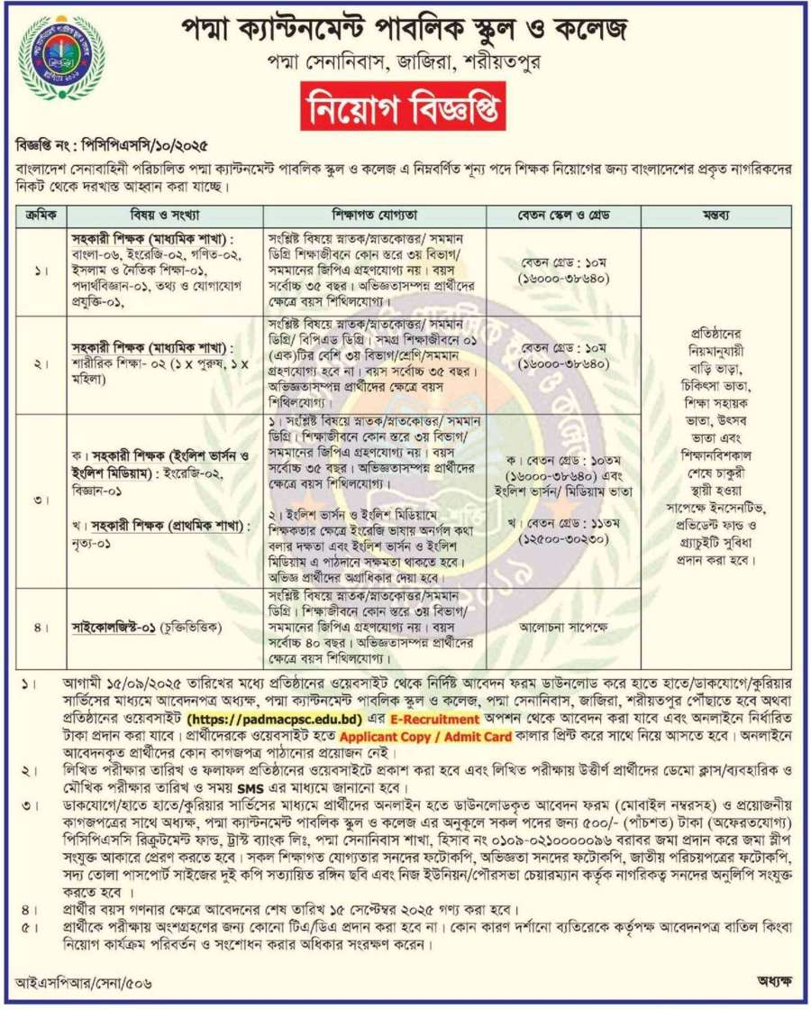 Cantonment Public School and College Job Circular 2025