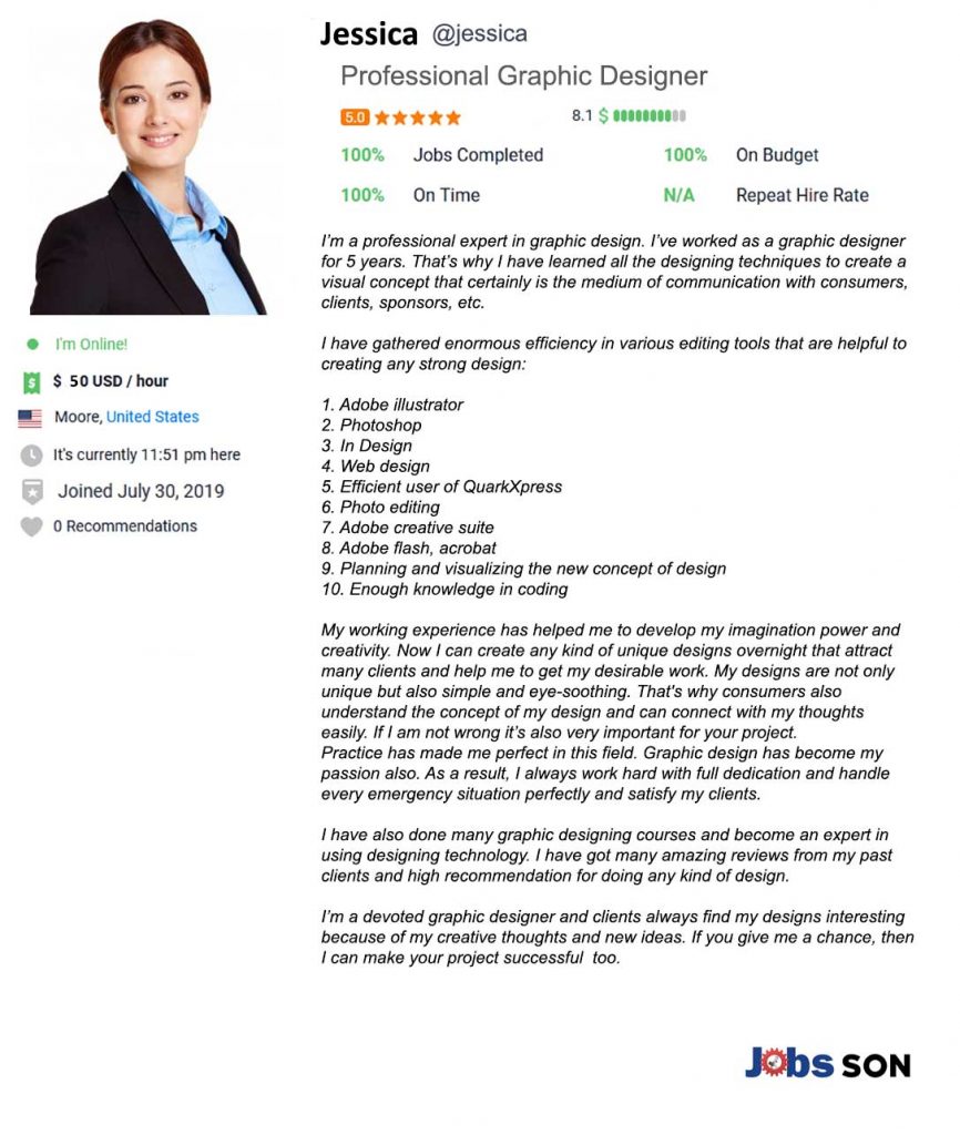 Freelancer profile summary sample for graphic designer