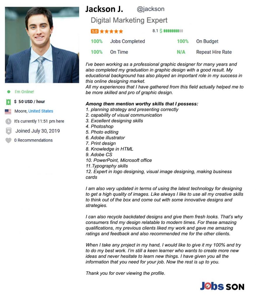 Freelancer profile summary sample for graphic designer