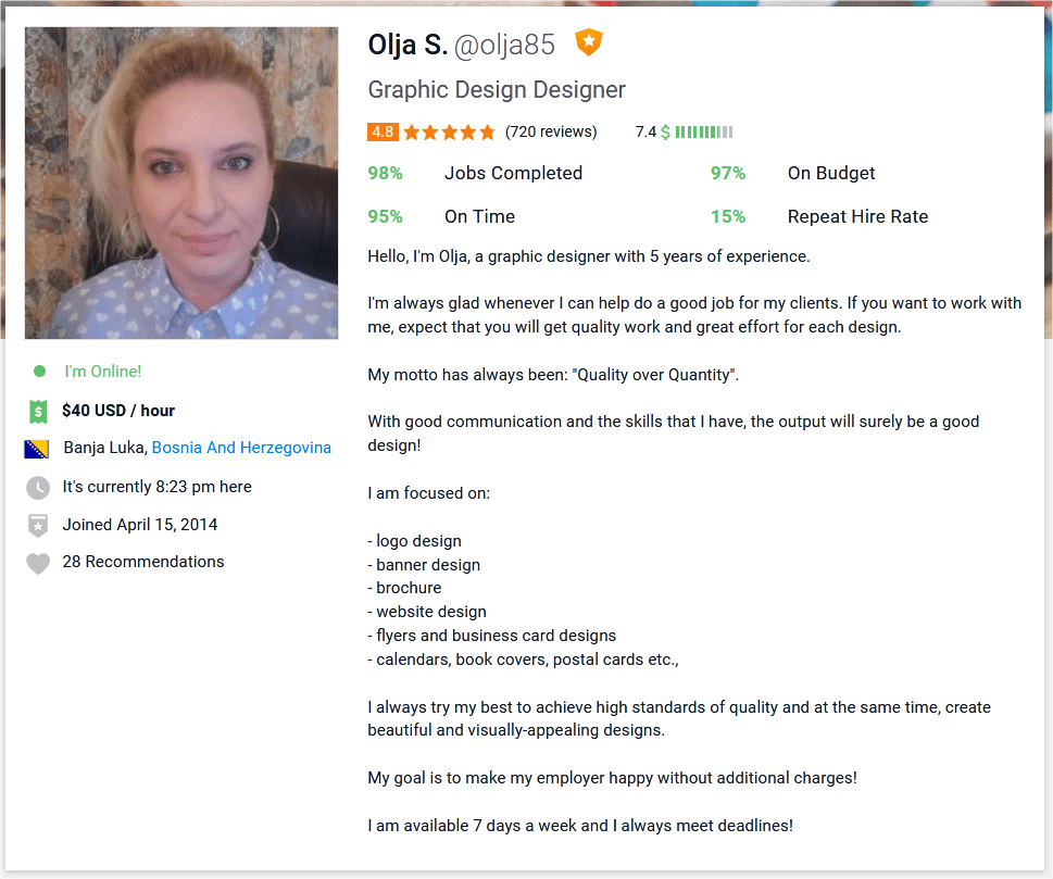 Freelancer profile summary sample for graphic designer