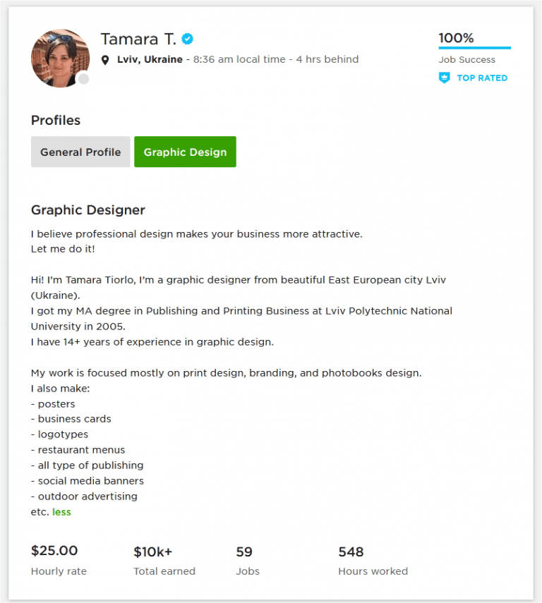 Upwork profile overview sample for graphic designer