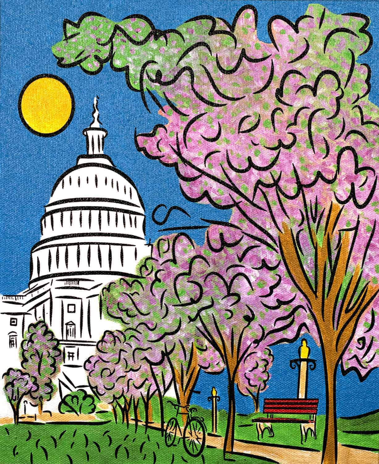 United States Capitol cherry blossom spring painting