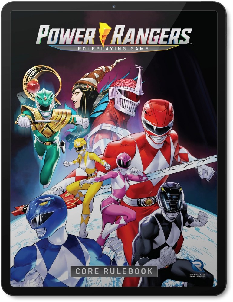Capa do livro de regras do jogo de RPG Power Rangers, apresentando os diferentes Rangers com seus trajes coloridos em um fundo espacial.