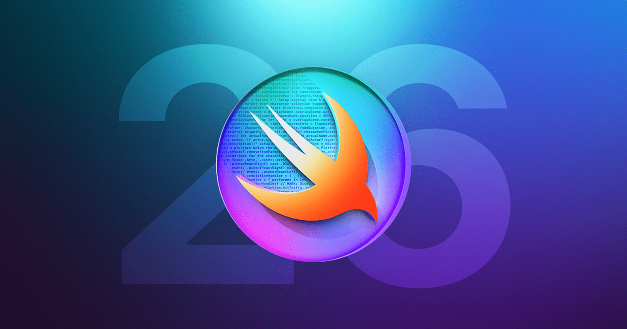 WWDC Swift Student Challenge 2026의 공식 썸네일 이미지. 보라색과 푸른색이 조화롭게 어우러진 그라데이션 배경 위에, 숫자 '26'이 배경에 반투명하게 커다랗게 배치되어 있다. 중앙에는 애플의 프로그래밍 언어인 Swift를 상징하는 주황색 '제비(Swift)' 로고가 원형 유리 질감의 아이콘 안에 입체적으로 떠 있는 모습이다. 원형 아이콘 내부에는 실제 Swift 소스 코드가 빼곡하게 적혀 있어 개발자 챌린지의 성격을 강조하며, 전체적으로 현대적이고 미래지향적인 IT 컨퍼런스의 분위기를 풍긴다. 텍스트 설명 26 (배경에 크게 배치) 원형 아이콘 내부 소스 코드 (일부 추출): ... func setupOverlayScene() { let overlayScene = SCNScene() let cameraNode = SCNNode() cameraNode.camera = SCNCamera() ... detect when character selection happens ... } ...