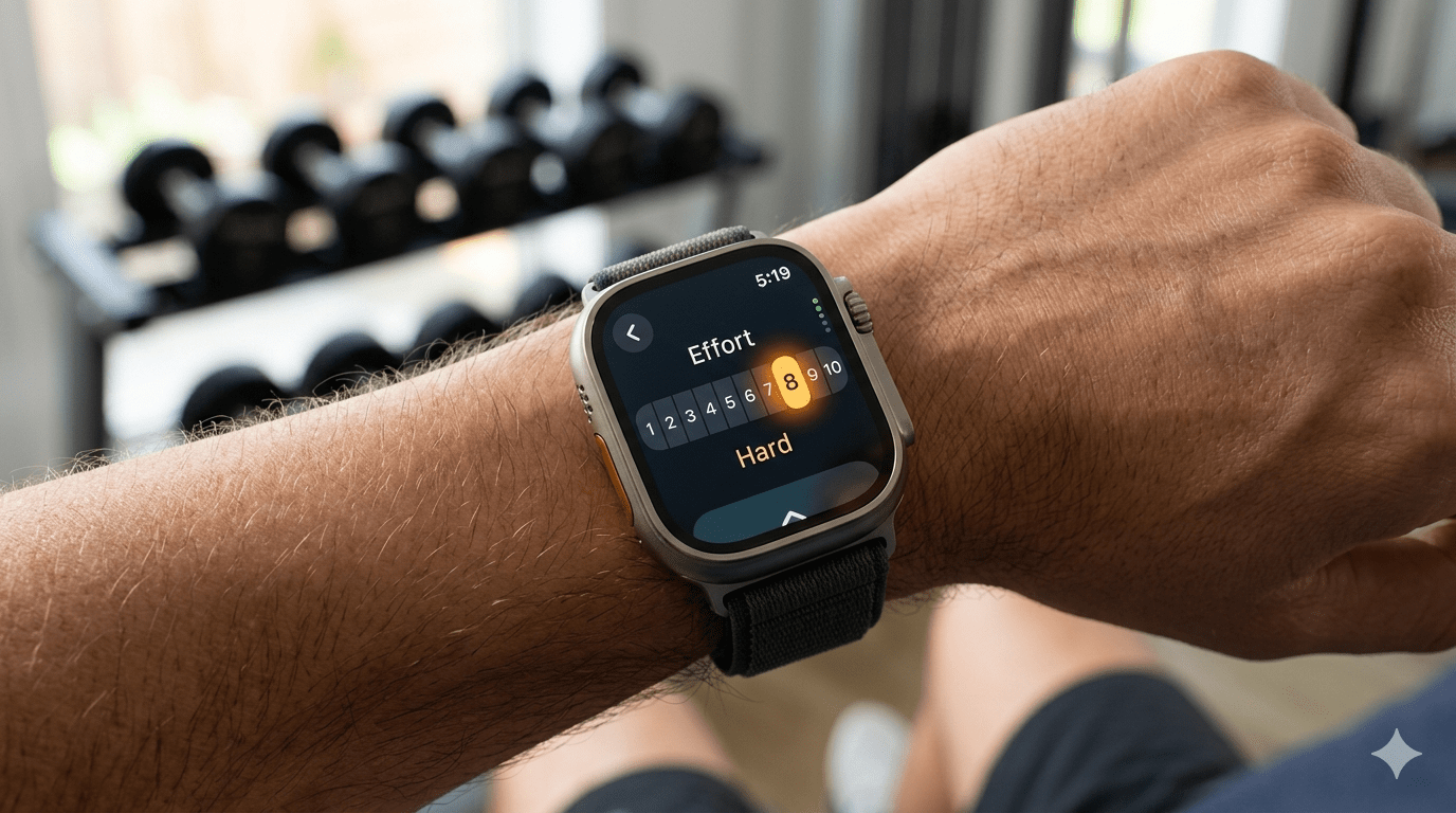 A high-resolution close-up of an Apple Watch Series 11 showing the post-workout 'Effort' rating screen. The display features a horizontal numeric slider from 1 to 10, with the number '8' selected in a vibrant orange-yellow glow and the word 'Hard' written underneath. A person's wrist is visible, set against a softly blurred background of a home gym with a dumbbell rack. The image illustrates the transition to a numeric Rate of Perceived Exertion (RPE) scale for tracking workout intensity.