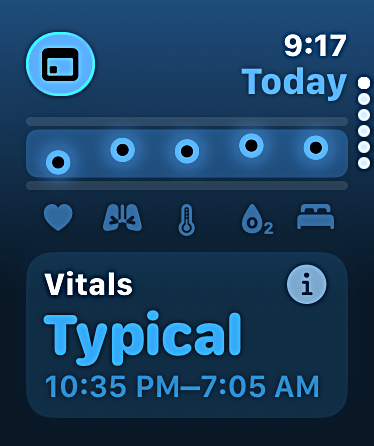 Apple Watch Series 11 Smart Stack showing Vitals as 'Typical' with a stable 5-day history graph
