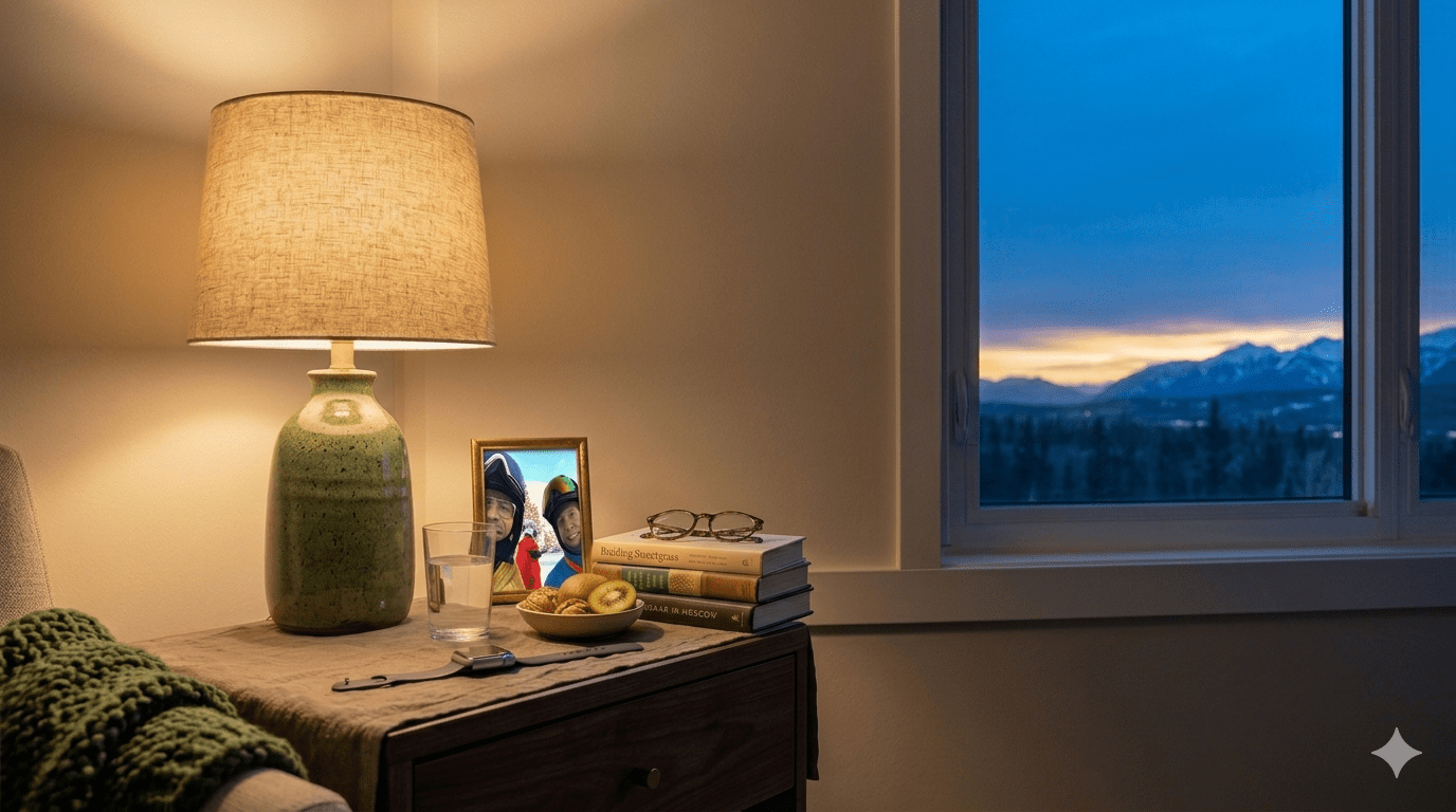 Personalized health coaching for longevity and circadian rhythm synchronization in Calgary, Alberta, featuring a restful evening bedroom atmosphere with high-fiber bedtime snacks and an Apple Watch to optimize sleep quality and metabolic health for adults over 50.